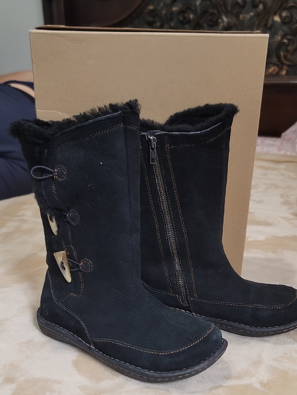 Born Black Suede Women's Winter Boots with Side Zipper & Toggle Details